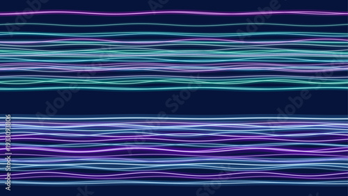 Horizontal neon data streams on dark technology background