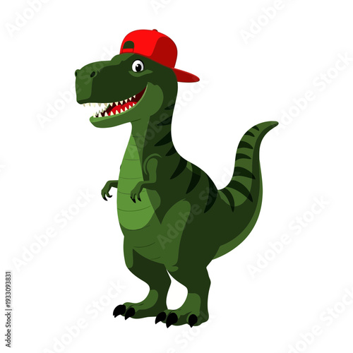 A cartoon dinosaur wearing a red baseball cap on its head standing alone