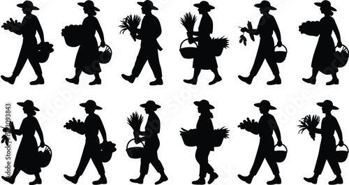 Silhouette farmers carrying baskets, harvest vegetables illustration, rural lifestyle, agricultural workers, market produce, farming community, sustainability, vector design, traditional hats