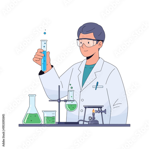 Scientist in lab coat holding test tube with blue liquid, conducting experiment