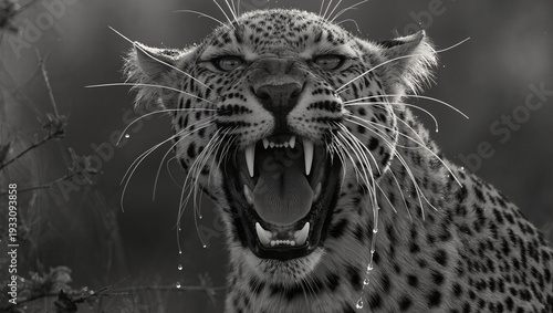 Powerful Black and White Leopard Snarl with Exposed Fangs and Droplets
