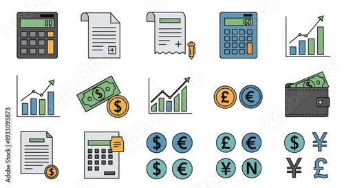 Financial Icons Representing Currency and Accounting.