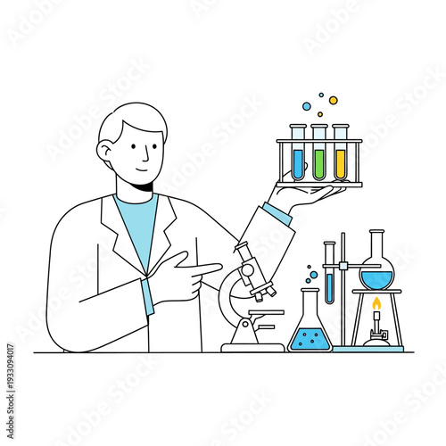 Scientist holding test tubes with colorful liquids in laboratory with microscope and equipment
