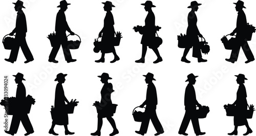 Silhouette people carrying baskets, agricultural workers, market scene illustration, farming lifestyle, harvest produce, rural community, vector design, traditional hats