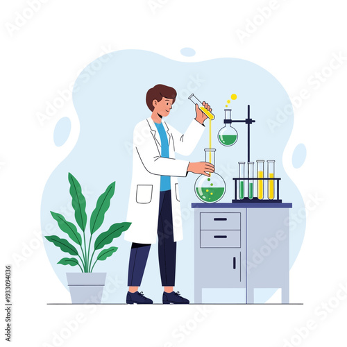 Scientist in lab coat pouring liquid into flask, conducting experiment with test tubes