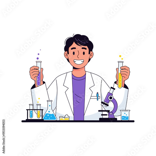 Scientist holding test tubes with colorful liquids, microscope and beakers on lab bench