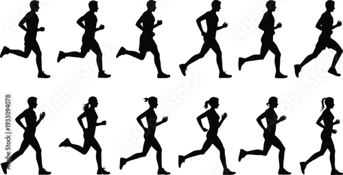 Silhouette runners male female, running motion illustration, fitness training, sports science, biomechanics posture, athletic lifestyle, exercise vector, human movement study