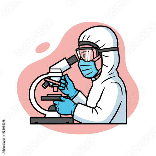 Scientist in Hazmat Suit with Microscope, Laboratory Research, Medical Science
