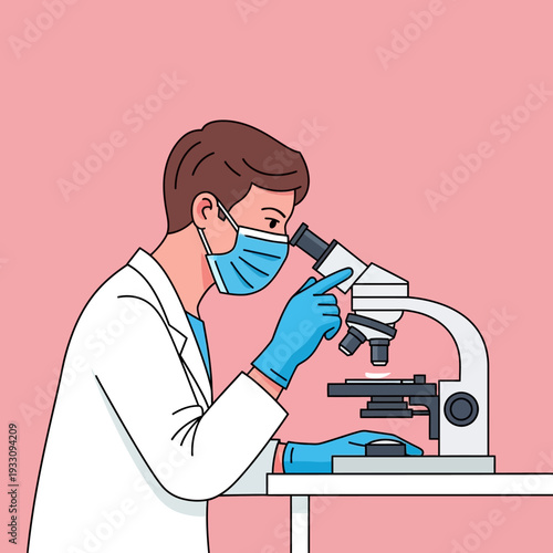Scientist in lab coat and mask examining sample under microscope, research concept