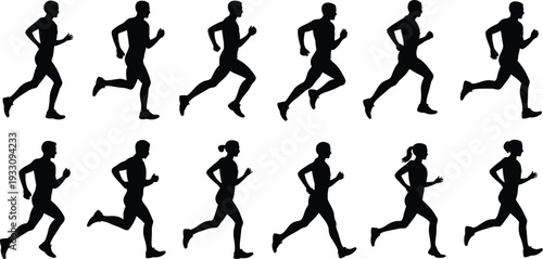 Silhouette runners male female, running posture illustration, fitness exercise, sports biomechanics, athletic training, human movement study, vector design, dynamic stride