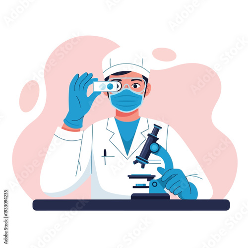Scientist in lab coat and mask examining sample under microscope, research concept