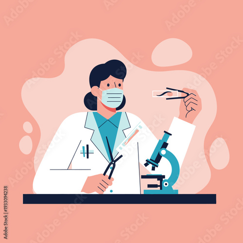 Scientist in lab coat and mask examining sample with tweezers near microscope