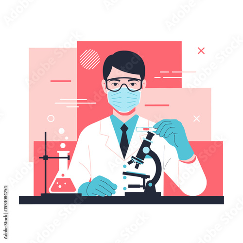 Scientist in Lab Coat and Mask Holding Test Tube with Microscope and Flask