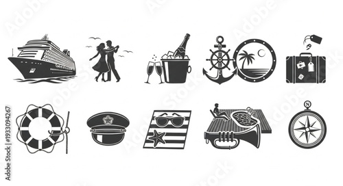 Cruise ship travel and vacation icons set, perfect for design elements.