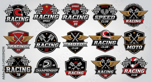 Collection of racing emblems and badges for motorsport events and clubs.