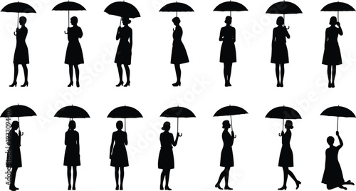 Silhouette women with umbrellas, rainy day illustration, fashion posture, umbrella poses, vector design, lifestyle concept, human gesture, artistic reference