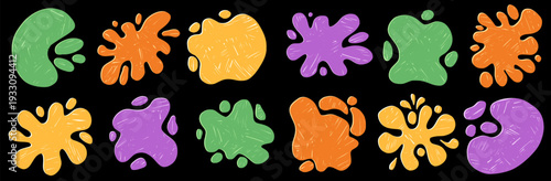 Chalk or pastel vibrant textured blob, splash and blot for text. Crayon colorful frame in amoeba shape. Kids puddle of paint or a water drop figure. Vector yellow, green spots liquid splat backgrounds