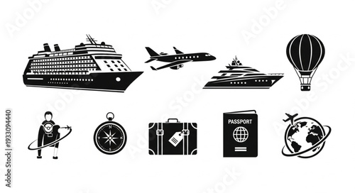 Collection of travel icons representing various modes of transportation and related elements for journeys.