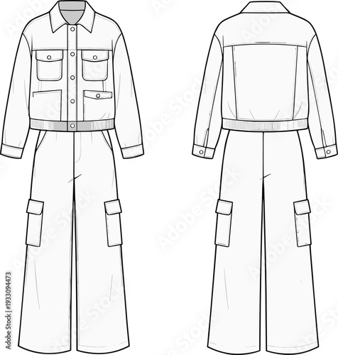 Front and back view technical fashion illustration of utility jumpsuit with cargo pockets, long sleeves and wide leg pants, flat sketch vector template