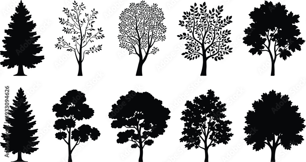 Fototapeta premium Tree silhouettes illustration set, foliage vector artwork, forest nature design graphics, botanical icons collection, landscape outdoor symbol