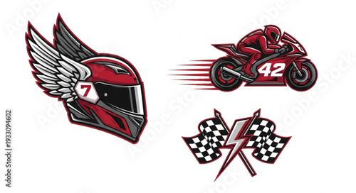 Racing helmet with wings, motorcycle, and checkered flags, sports theme illustration.