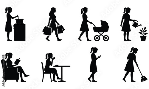 Woman Daily Life Activity Set Silhouette Vector — Female Everyday Routine Task Collection Black Isolated Clipart 