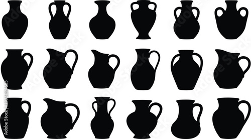 Vase and jug silhouettes illustration set, pottery vector artwork, decorative container design graphics, ceramic icons collection, artistic shape symbol
