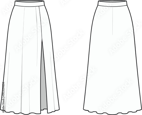 Long flowing maxi skirt technical fashion flat sketch, front and back view outline, elegant women apparel template with flared silhouette and clean design lines