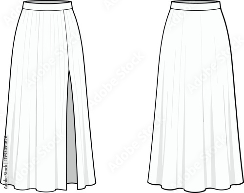 Front and back view of elegant long pleated skirt vector fashion illustration, blue outline clothing template isolated on white background for apparel design mockup
