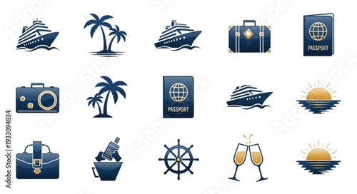 Collection of travel icons representing vacation, cruise, and tourism elements.