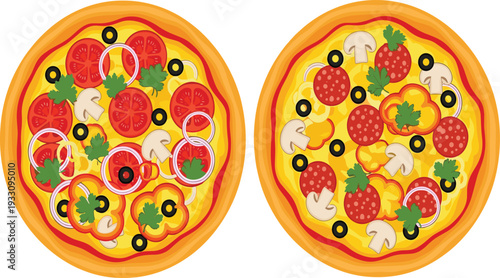Colorful cartoon pizza set with pepperoni mushrooms olives and vegetables top view flat vector illustration isolated on white background