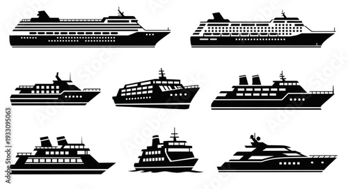 Collection of various cruise ships and vessels in silhouette style for design.