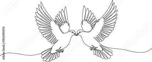 Two birds flying and kissing continuous one line drawing, dove of peace and love concept vector illustration on white background.