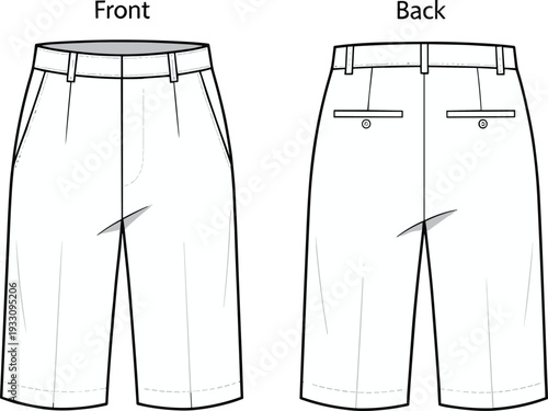 Men’s tailored shorts technical flat sketch front and back view, detailed fashion design template with pockets, waistband, stitching, and garment construction blueprint illustration