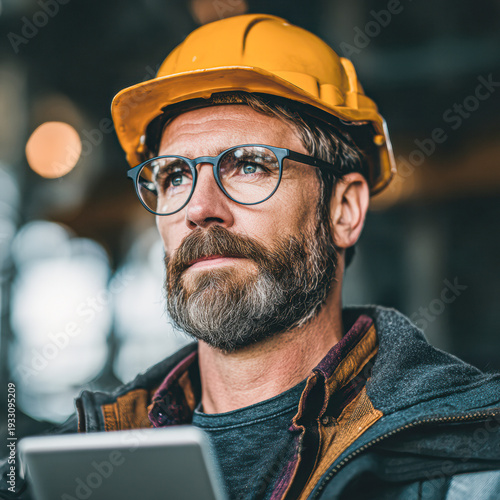A bearded man wearing glasses and a yellow hard hat looks thoughtfully into the distance, holding a tablet in an industrial or construction setting.