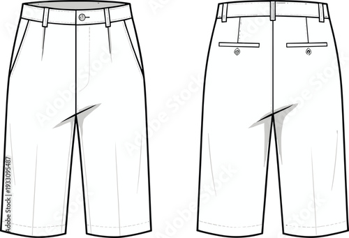 Men’s tailored shorts technical fashion flat sketch, front and back view blueprint, detailed garment construction vector illustration isolated on white background for apparel design