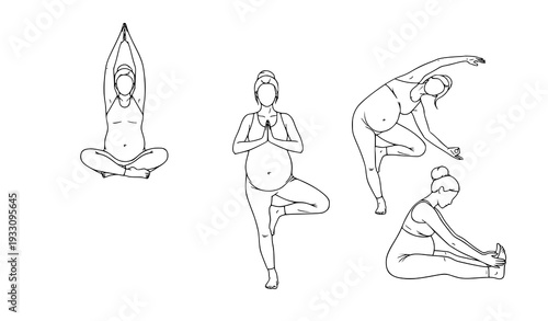 Minimal pregnant woman yoga line art vector silhouettes