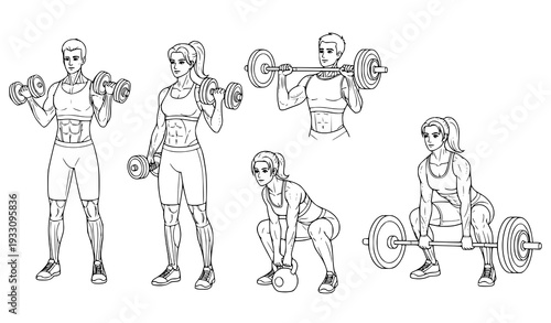 Weight lifting exercise hand drawn vector illustration set