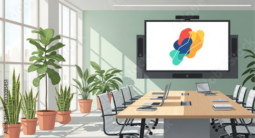 Modern conference room with large screen and presentation display.