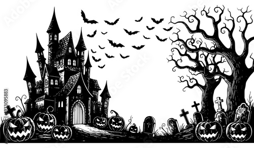Halloween night background pumpkins dark castle bats tomb vector illustration