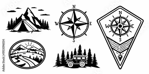 Five black and white symbols representing nature, navigation, and adventure Vector