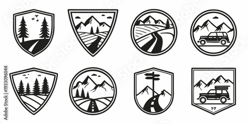 A collection of eight distinct logos, each with unique symbols and designs. Vector