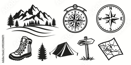 A collection of outdoor and hiking related icons including mountains, compasses, and camping gear. Vector