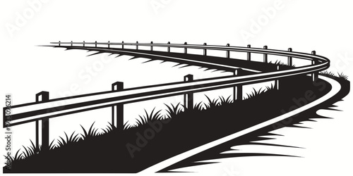 A winding road with a bridge and guardrails in a scenic landscape Vector
