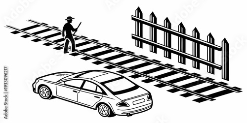 A person walking a dog along a fence next to a parked car on a street. Vector