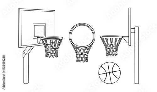 Minimal basketball backboard hoop and ball line art vector illustration