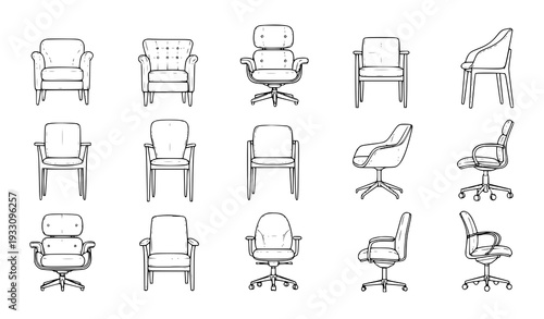 Modern chair styles vector set front top side views hand drawn