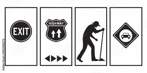 A series of road signs depicting an exit, detour, pedestrian crossing, and do not enter. Vector