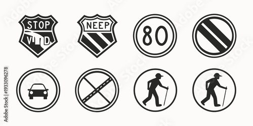 Assorted road and trail signs indicating various restrictions and regulations Vector