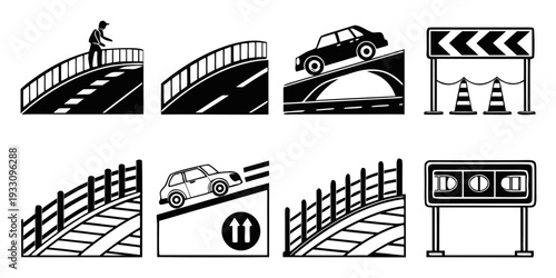 A collection of various road signs and symbols indicating traffic regulations and warnings. Vector